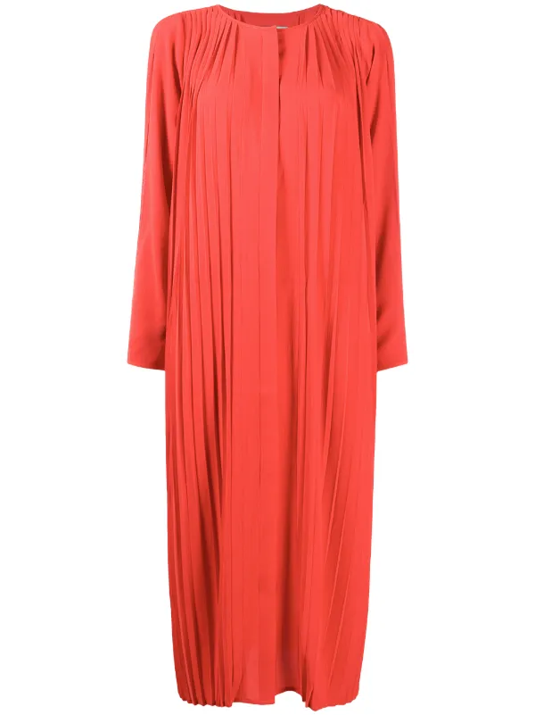 red pleated midi dress