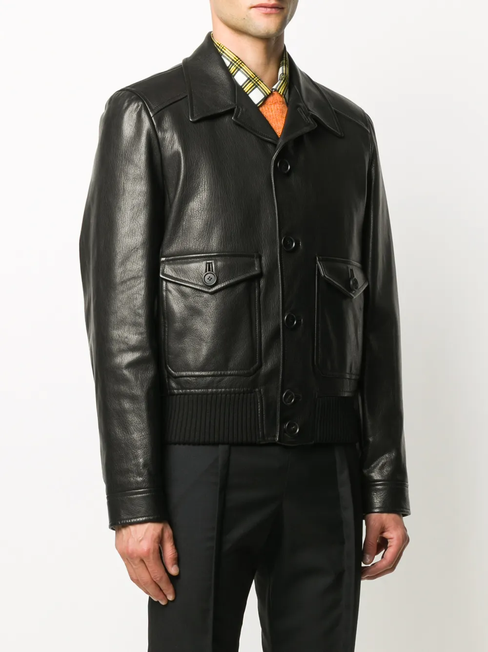  Prada Spread-collar Leather Jacket - Black 