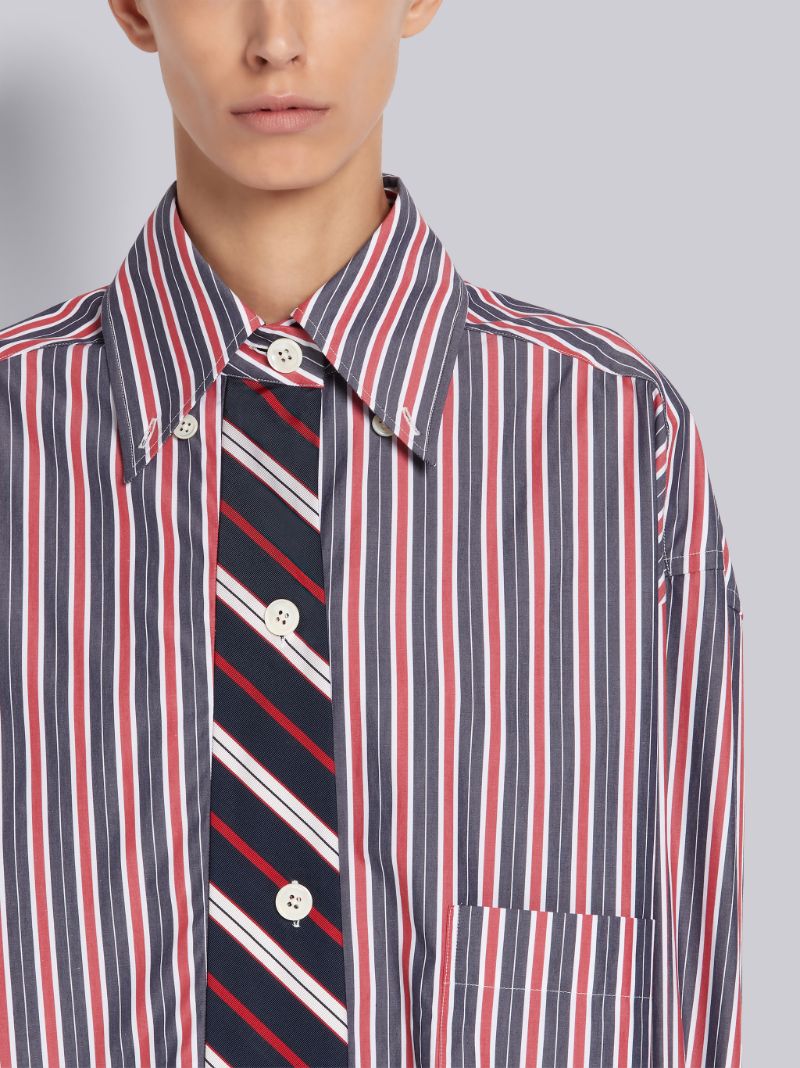 Multi-Color Cotton Poplin Trompe L'oeil Bar Stripe Necktie Supersized Shirt