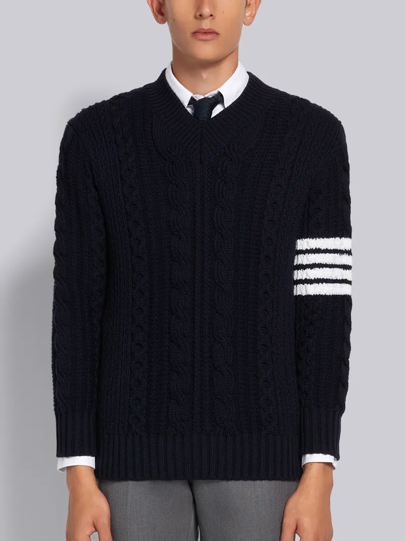 Navy Fine Merino Wool Aran Cable 4-Bar 