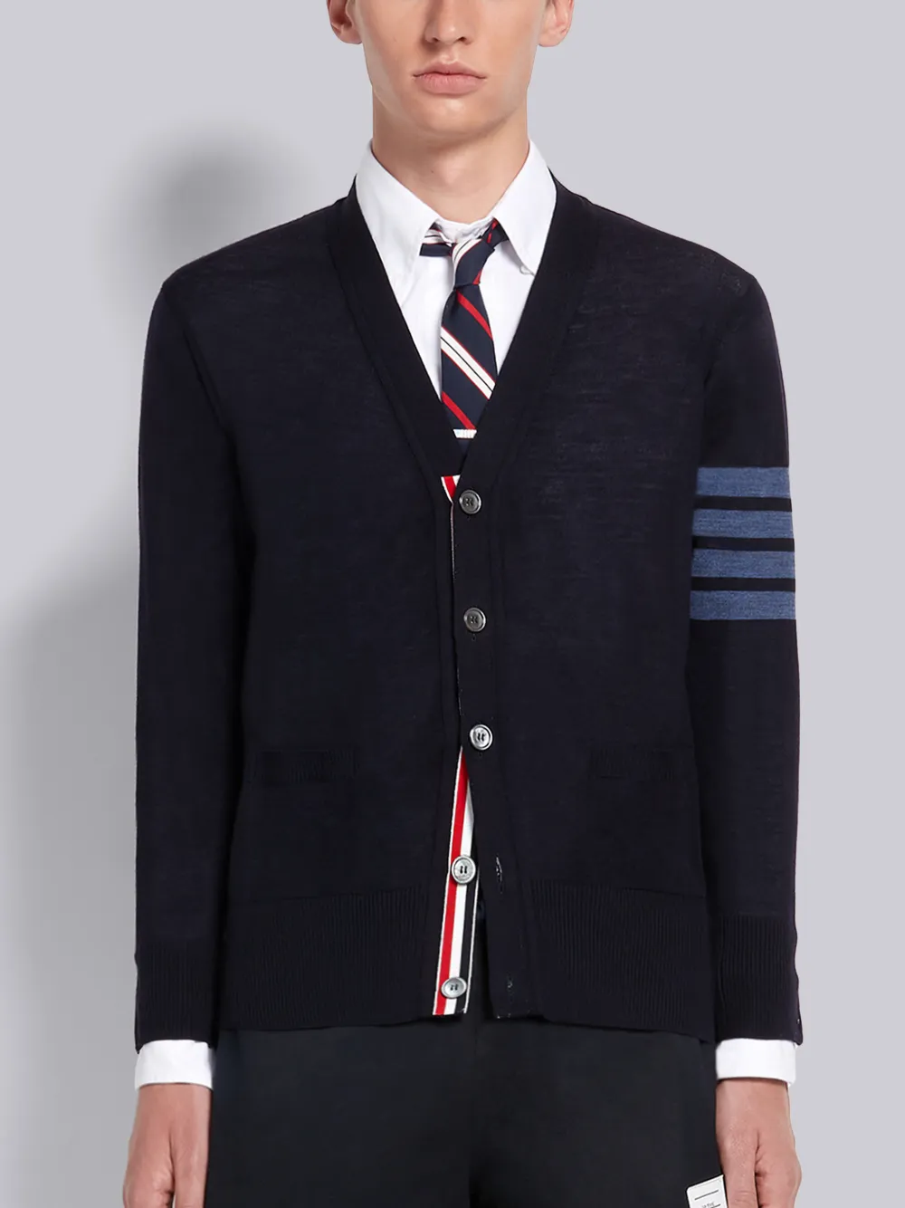 Shop Thom Browne Navy Fine Merino Wool 4-bar Classic V-neck Cardigan In Blue