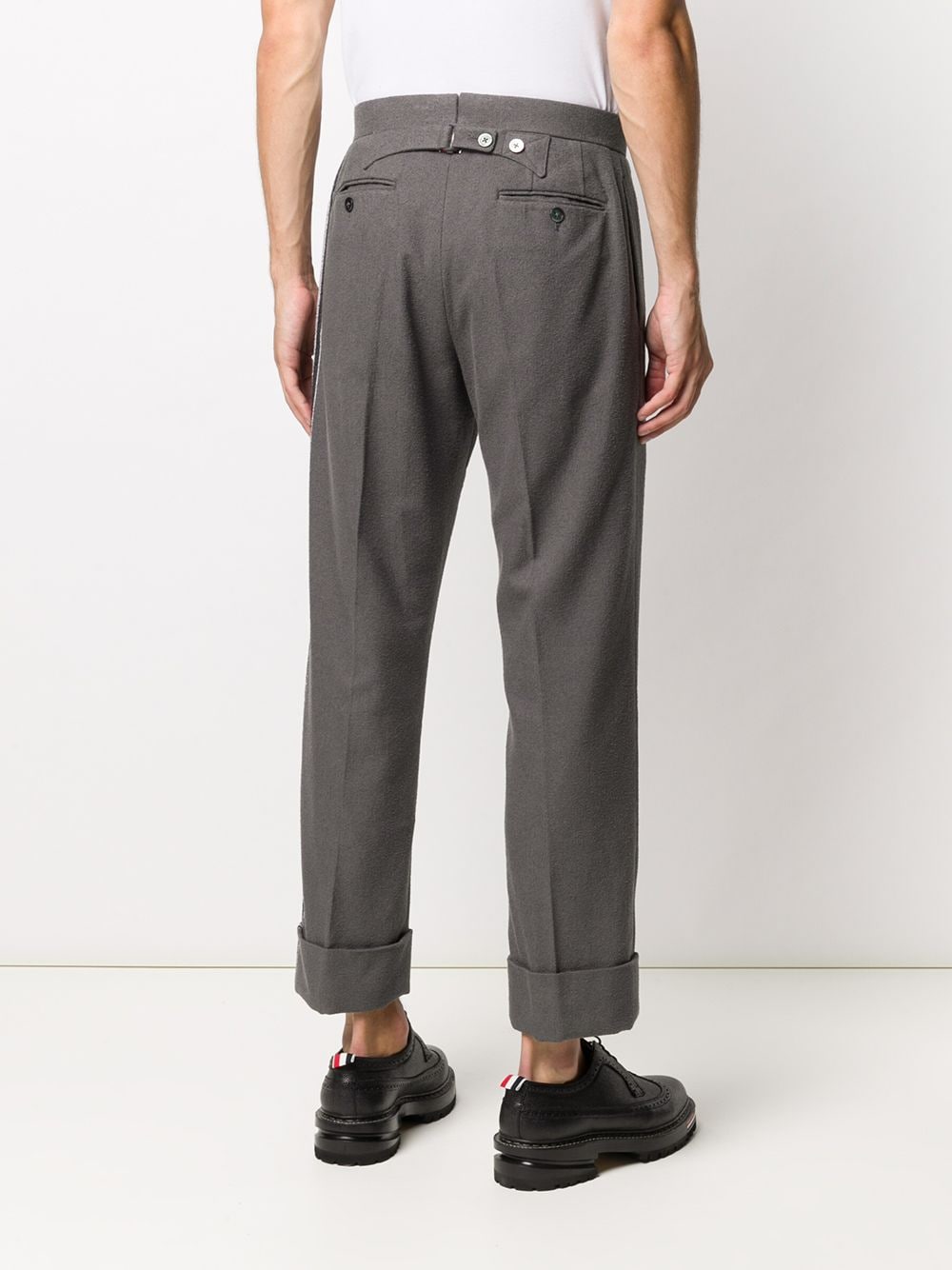Shop Thom Browne Backstrap Side-stripe Cotton Trousers In Grey