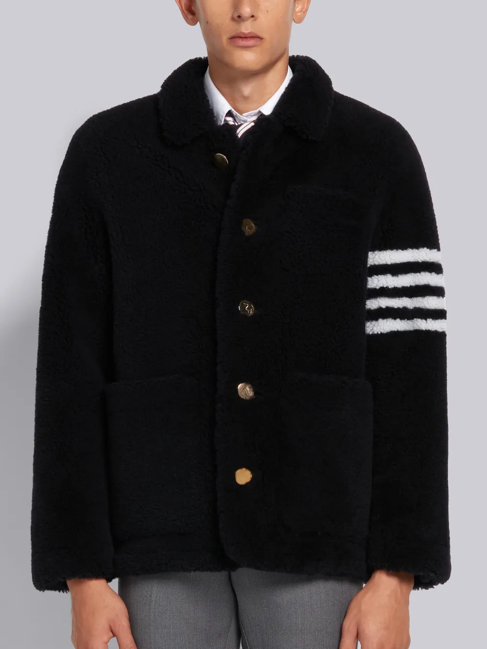 Thom Browne 4-bar Stripe Shearling Jacket In Blue