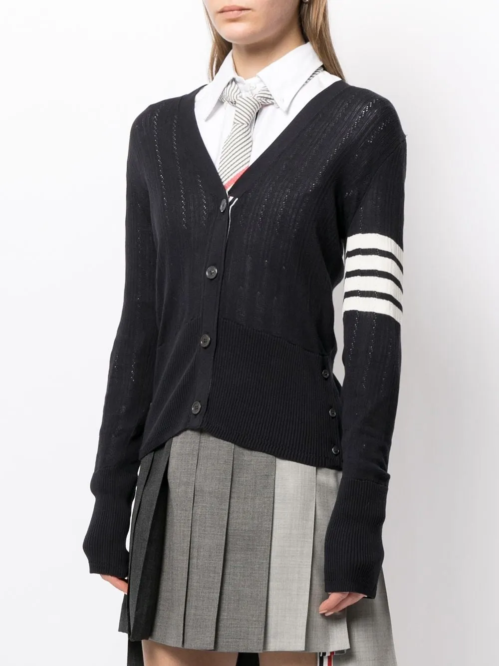 THOM BROWNE FINE MESH RIB STITCH CLASSIC V-NECK CARDIGAN W/ 4 BAR IN COTTON SILK