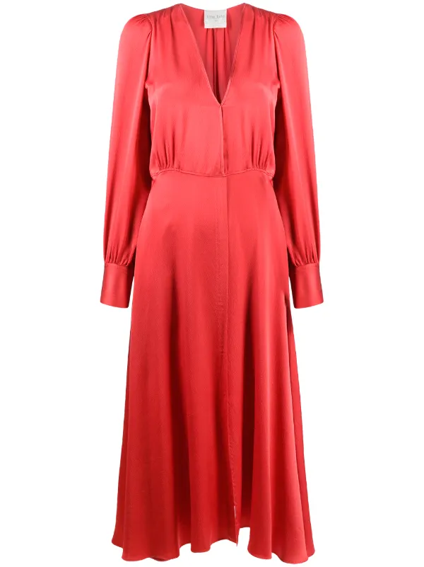 red silk v neck dress