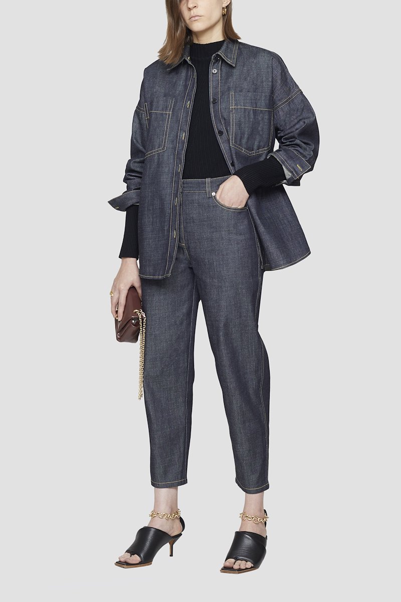 Organic Denim Trouser-blue #1 Organic Denim Trouser, Indigo blue organic cotton tapered cropped jeans from 3.1 PHILLIP LIM featuring belt loops, classic five pockets and cropped leg.- 3