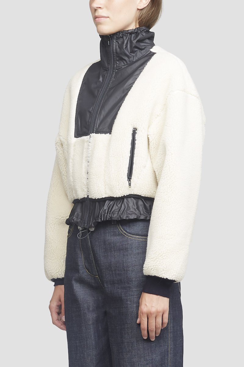 Sherpa Bonded Cropped Jacket-white #1 Sherpa Bonded Cropped Jacket, Ivory white/black sherpa bonded cropped jacket from 3.1 PHILLIP LIM featuring stand-up collar, front zip fastening, two zip-fastening pockets, drop shoulder, long sleeves, elasticated cuffs and elasticated hem.- 1