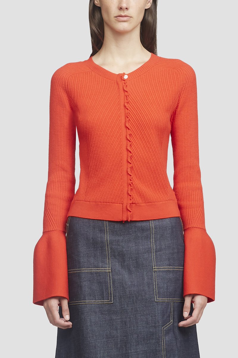 Tulip Sleeve Ribbed Cardigan-red #0 Tulip Sleeve Ribbed Cardigan, LAVA Wool or fine animal hair->Wool WOOL RIBBED CARDIGAN W TULIP SLVS from 3.1 Phillip Lim. - 0
