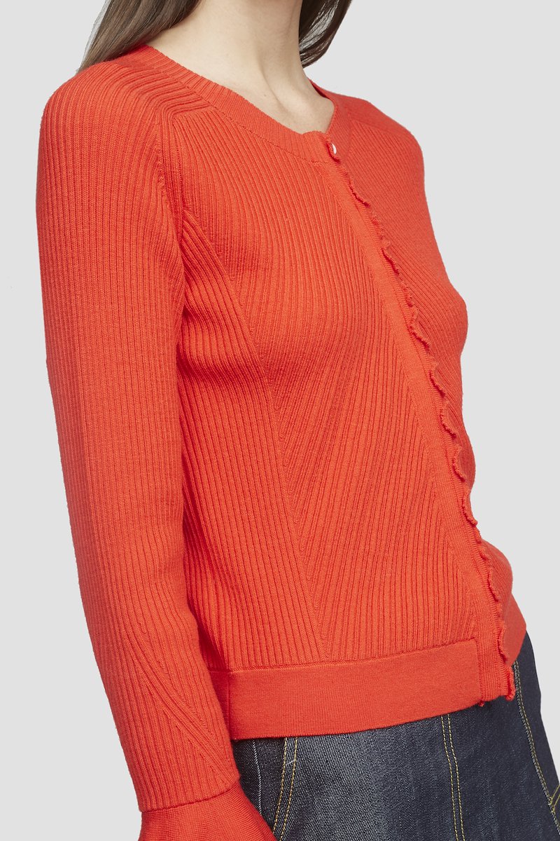 Tulip Sleeve Ribbed Cardigan-red #1 Tulip Sleeve Ribbed Cardigan, LAVA Wool or fine animal hair->Wool WOOL RIBBED CARDIGAN W TULIP SLVS from 3.1 Phillip Lim. - 1