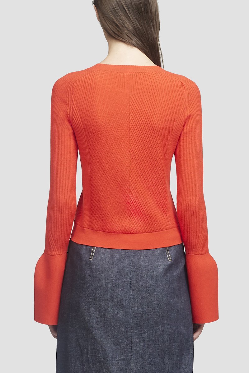 Tulip Sleeve Ribbed Cardigan-red #0 Tulip Sleeve Ribbed Cardigan, LAVA Wool or fine animal hair->Wool WOOL RIBBED CARDIGAN W TULIP SLVS from 3.1 Phillip Lim. - 4