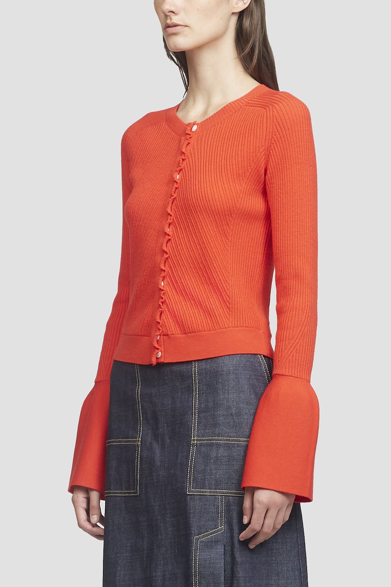 Tulip Sleeve Ribbed Cardigan-red #1 Tulip Sleeve Ribbed Cardigan, LAVA Wool or fine animal hair->Wool WOOL RIBBED CARDIGAN W TULIP SLVS from 3.1 Phillip Lim. - 3