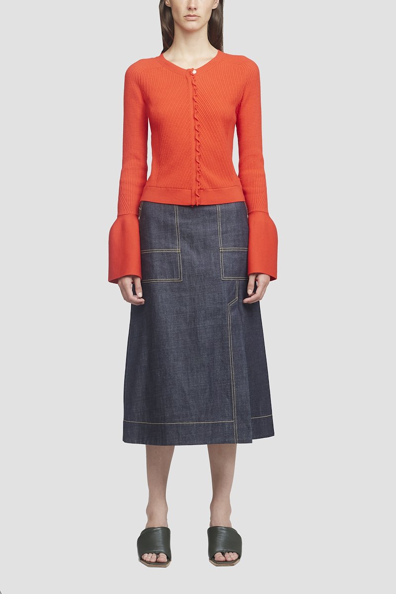 Tulip Sleeve Ribbed Cardigan-red #0 Tulip Sleeve Ribbed Cardigan, LAVA Wool or fine animal hair->Wool WOOL RIBBED CARDIGAN W TULIP SLVS from 3.1 Phillip Lim. - 6