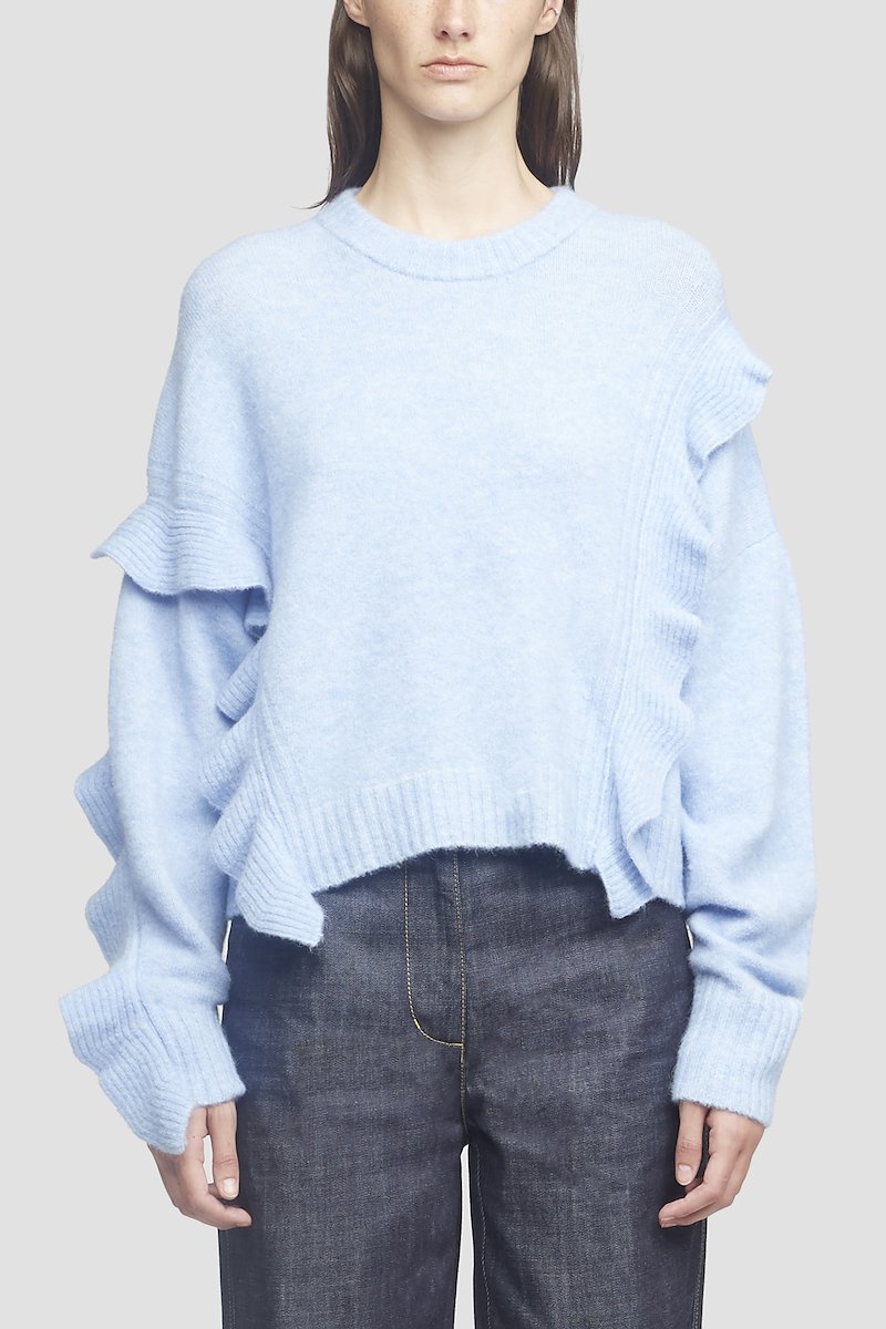 Cropped Ruffle Trim Sweater-blue #0 Cropped Ruffle Trim Sweater, Sky blue wool/alpaca wool-blend cropped ruffled jumper from 3.1 PHILLIP LIM featuring round neck, long sleeves, ruffled detailing, ribbed cuffs, ribbed hem and cropped.- 0