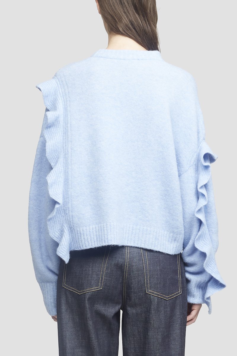 Cropped Ruffle Trim Sweater, Sky blue wool/alpaca wool-blend cropped ruffled jumper from 3.1 PHILLIP LIM featuring round neck, long sleeves, ruffled detailing, ribbed cuffs, ribbed hem and cropped.- 2