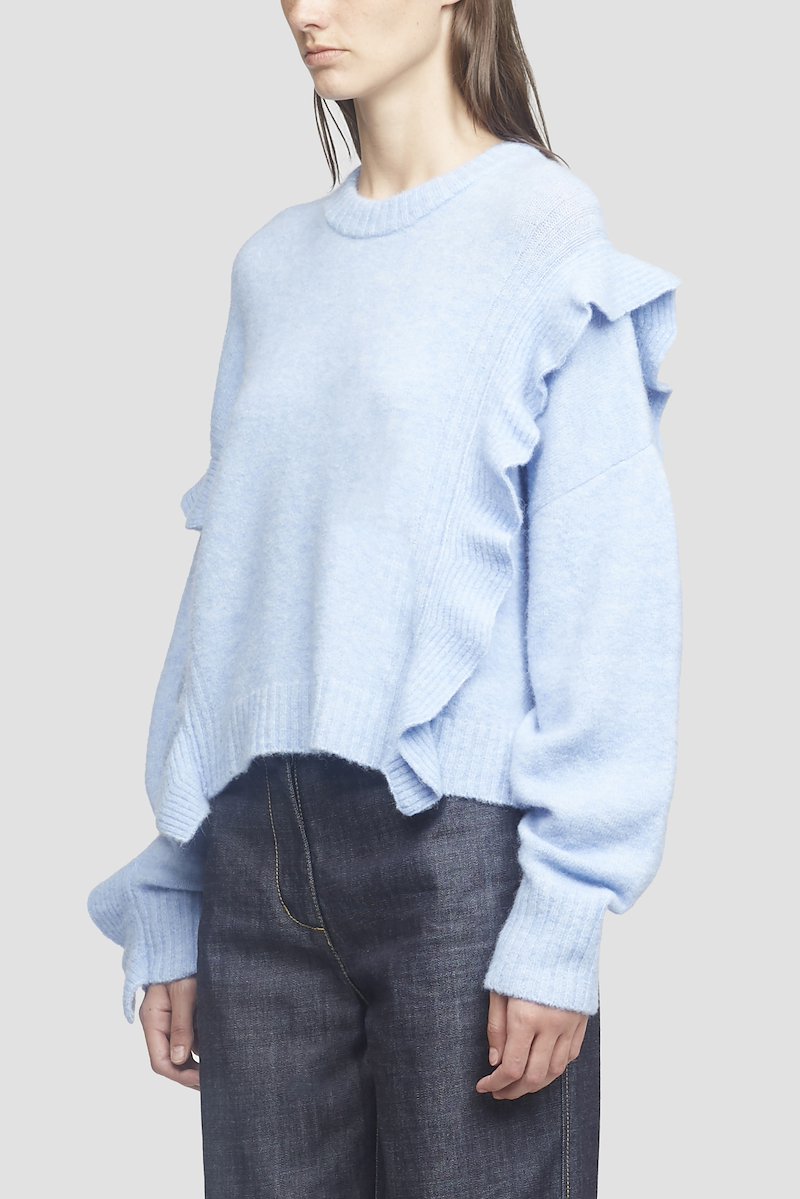 Cropped Ruffle Trim Sweater-blue #1 Cropped Ruffle Trim Sweater, Sky blue wool/alpaca wool-blend cropped ruffled jumper from 3.1 PHILLIP LIM featuring round neck, long sleeves, ruffled detailing, ribbed cuffs, ribbed hem and cropped.- 1