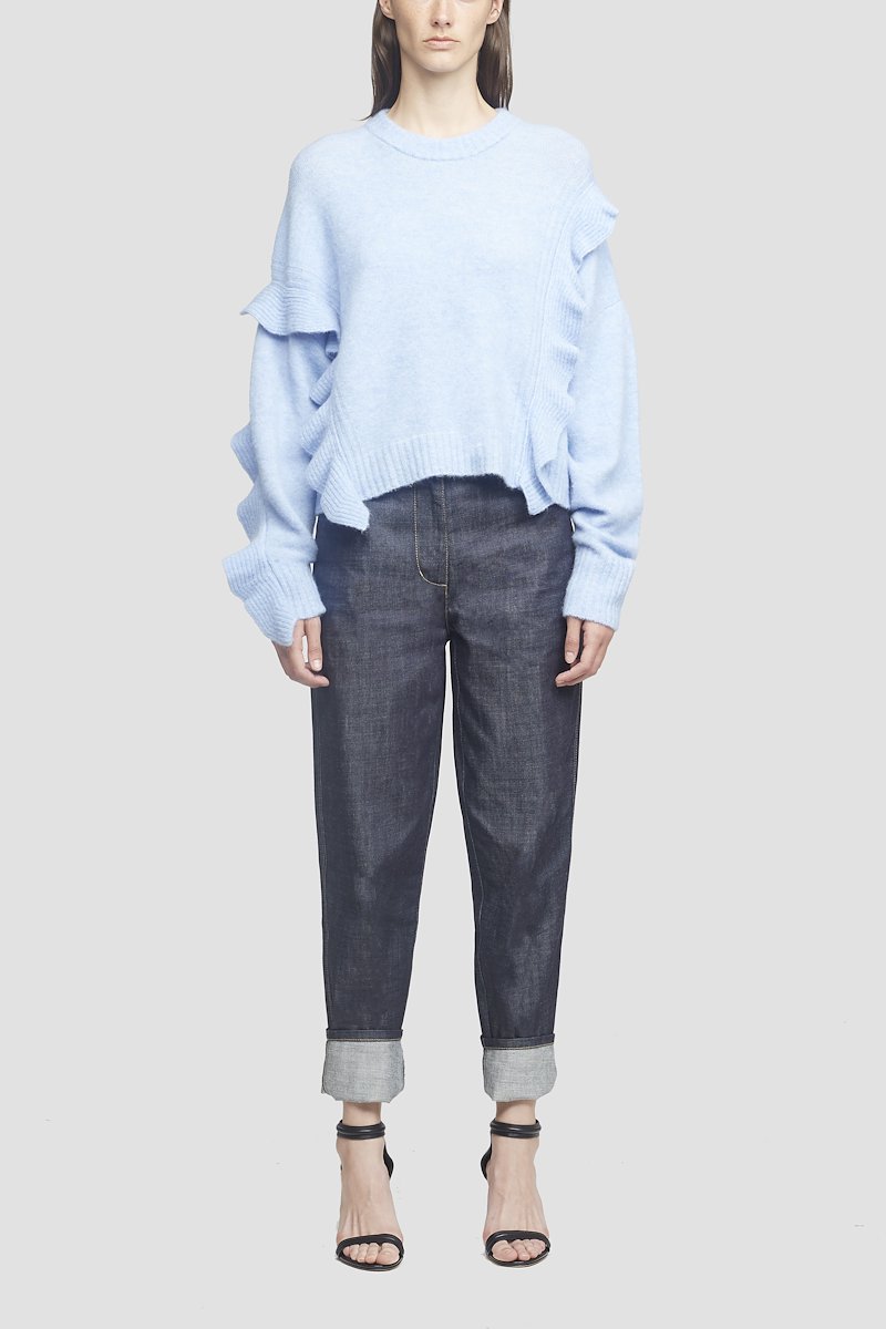 Cropped Ruffle Trim Sweater-blue #0 Cropped Ruffle Trim Sweater, Sky blue wool/alpaca wool-blend cropped ruffled jumper from 3.1 PHILLIP LIM featuring round neck, long sleeves, ruffled detailing, ribbed cuffs, ribbed hem and cropped.- 4