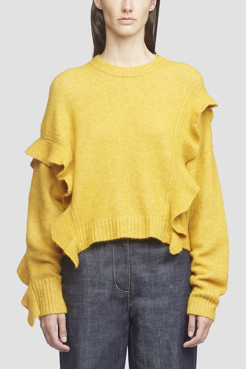 Cropped Ruffle Trim Sweater-yellow #0 Cropped Ruffle Trim Sweater, Mustard yellow alpaca-blend cropped ruffled jumper from 3.1 PHILLIP LIM featuring round neck, long sleeves, ribbed cuffs, ruffled detailing, ribbed hem and cropped.- 0