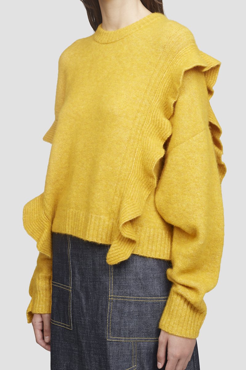 Cropped Ruffle Trim Sweater-yellow #1 Cropped Ruffle Trim Sweater, Mustard yellow alpaca-blend cropped ruffled jumper from 3.1 PHILLIP LIM featuring round neck, long sleeves, ribbed cuffs, ruffled detailing, ribbed hem and cropped.- 1
