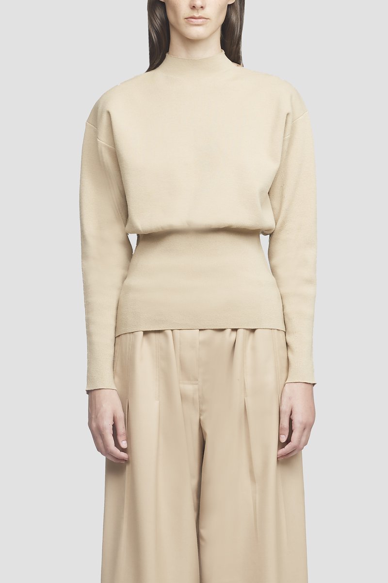 Mock Neck Military Ribbed Sweater-neutrals #0 Mock Neck Military Ribbed Sweater, Camel-brown wool-blend wool-blend jumper from 3.1 PHILLIP LIM featuring knitted construction, mock neck, drop shoulder, long sleeves, fitted waistline and straight hem.- 0