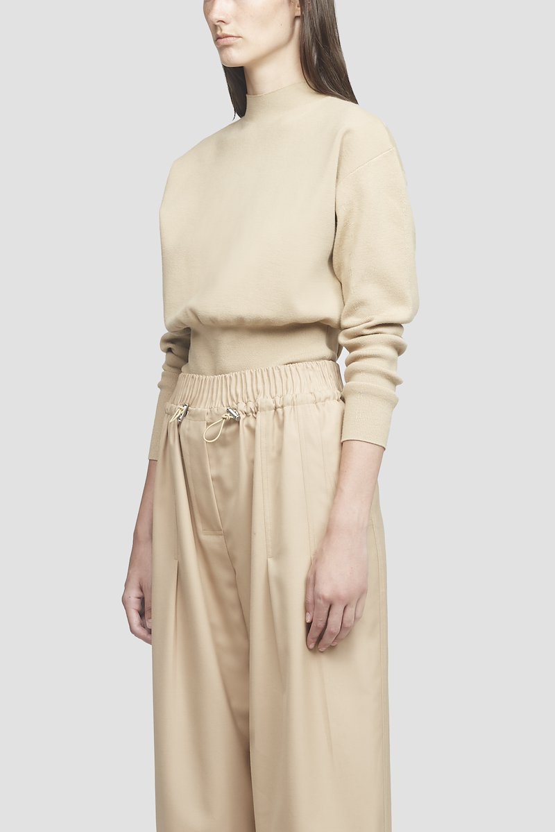 Mock Neck Military Ribbed Sweater-neutrals #1 Mock Neck Military Ribbed Sweater, Camel-brown wool-blend wool-blend jumper from 3.1 PHILLIP LIM featuring knitted construction, mock neck, drop shoulder, long sleeves, fitted waistline and straight hem.- 1