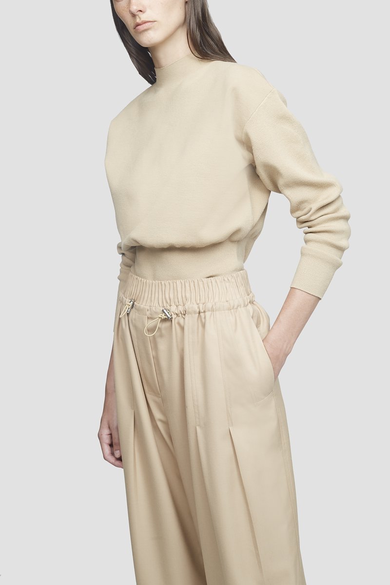 Mock Neck Military Ribbed Sweater-neutrals #1 Mock Neck Military Ribbed Sweater, Camel-brown wool-blend wool-blend jumper from 3.1 PHILLIP LIM featuring knitted construction, mock neck, drop shoulder, long sleeves, fitted waistline and straight hem.- 3