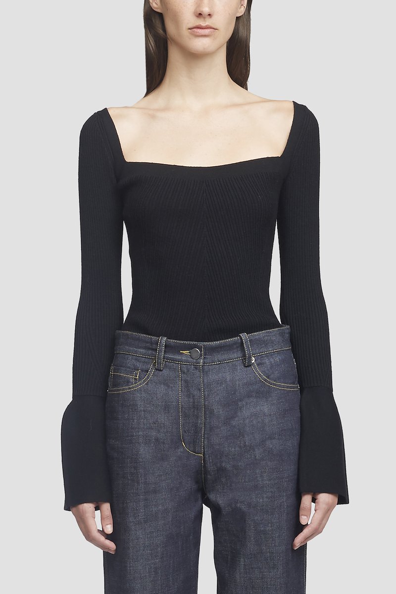 Open Neck Ribbed Sweater, Black wool-blend ribbed open neck top from 3.1 PHILLIP LIM featuring square neck, long sleeves, flared cuffs, ruffle hem and ribbed detailing.- 2