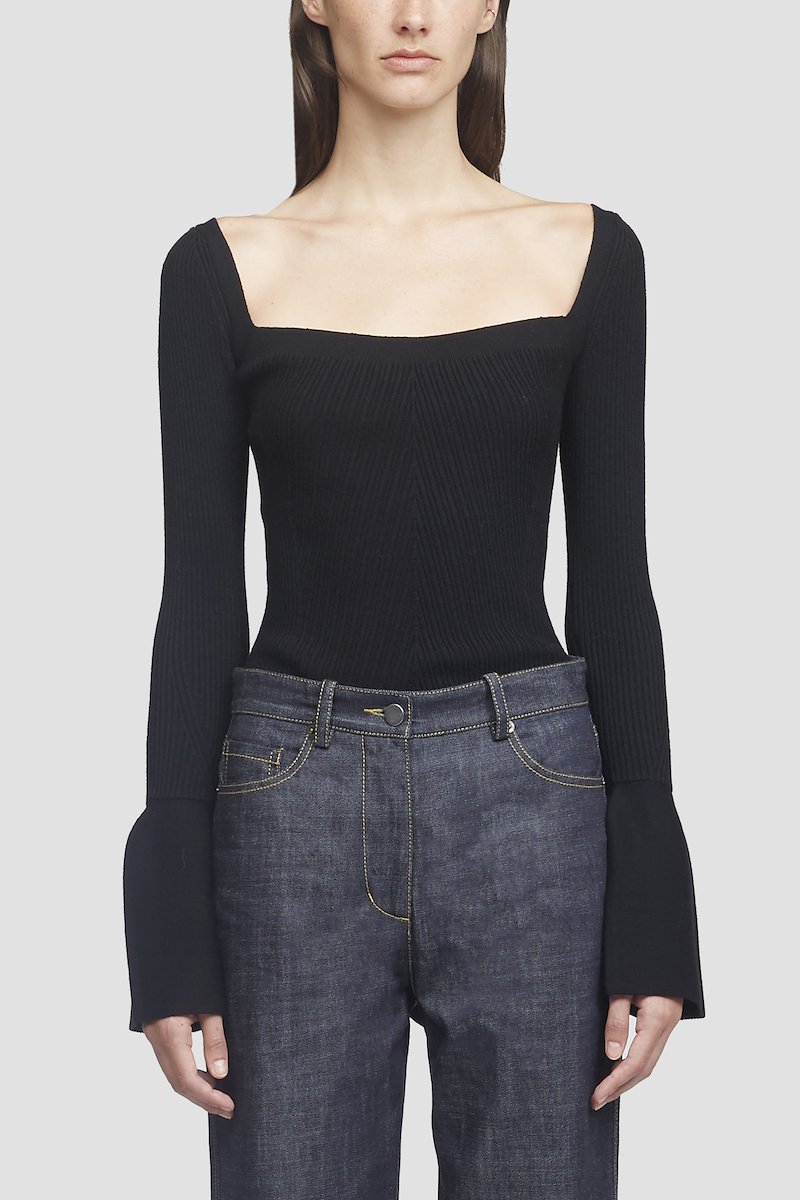 Open Neck Ribbed Sweater-black #0 Open Neck Ribbed Sweater, Black wool-blend ribbed open neck top from 3.1 PHILLIP LIM featuring square neck, long sleeves, flared cuffs, ruffle hem and ribbed detailing.- 2