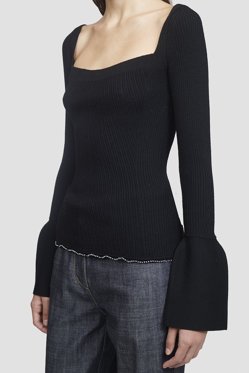 Open Neck Ribbed Sweater-black #1 Open Neck Ribbed Sweater, Black wool-blend ribbed open neck top from 3.1 PHILLIP LIM featuring square neck, long sleeves, flared cuffs, ruffle hem and ribbed detailing.- 1