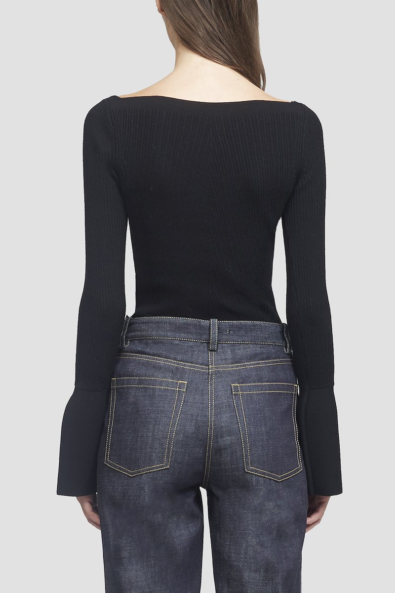 Open Neck Ribbed Sweater-black #0 Open Neck Ribbed Sweater, Black wool-blend ribbed open neck top from 3.1 PHILLIP LIM featuring square neck, long sleeves, flared cuffs, ruffle hem and ribbed detailing.- 4