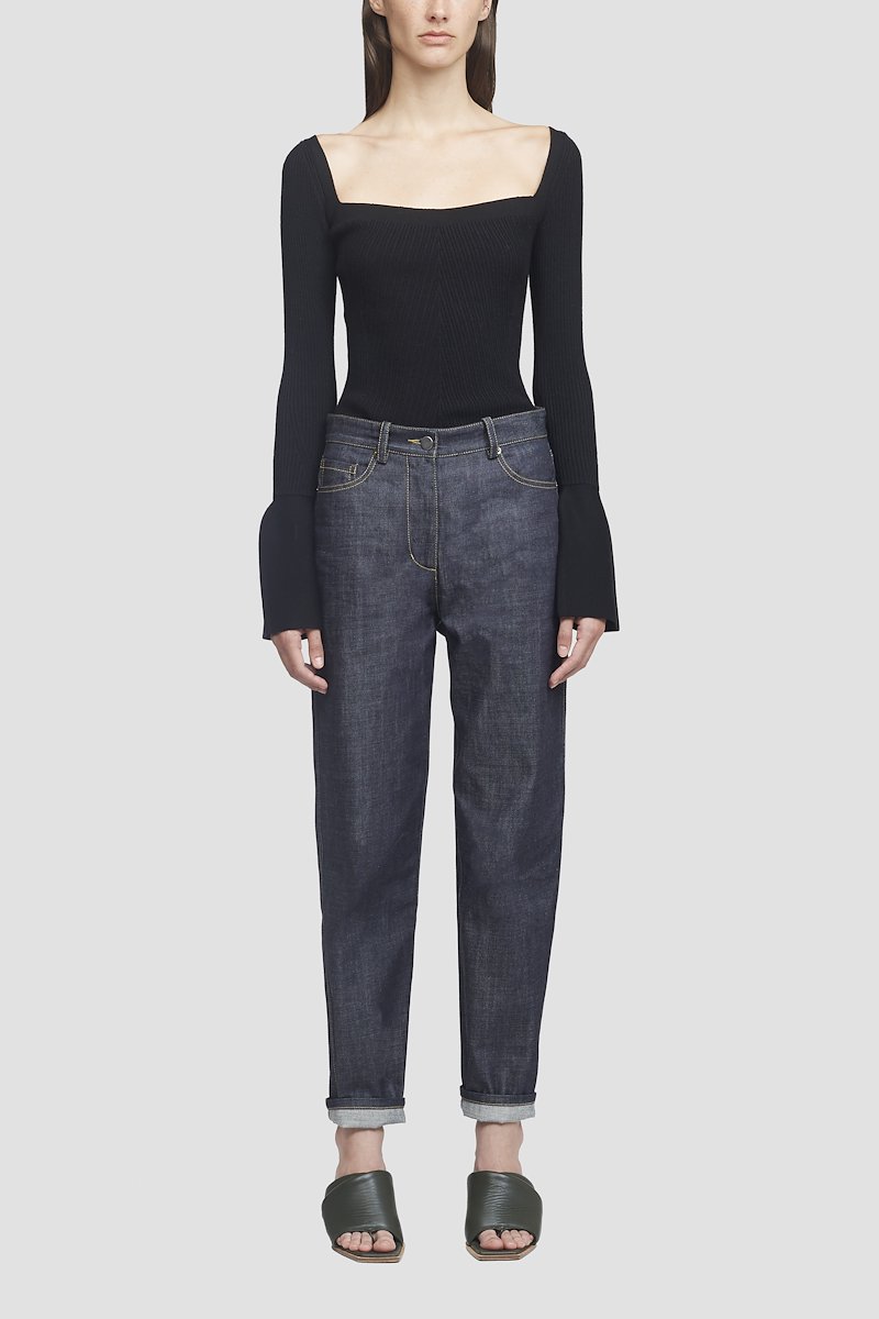 Open Neck Ribbed Sweater-black #0 Open Neck Ribbed Sweater, Black wool-blend ribbed open neck top from 3.1 PHILLIP LIM featuring square neck, long sleeves, flared cuffs, ruffle hem and ribbed detailing.- 6