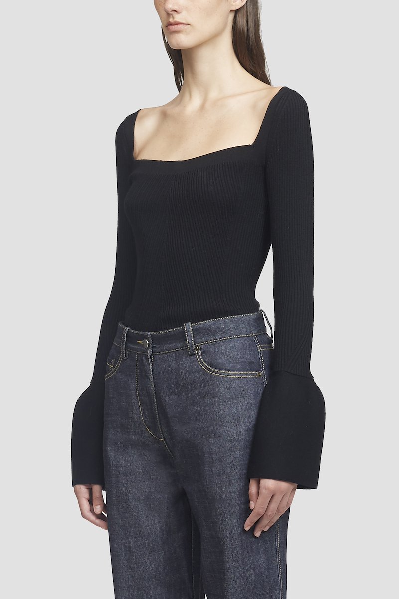 Open Neck Ribbed Sweater-black #1 Open Neck Ribbed Sweater, Black wool-blend ribbed open neck top from 3.1 PHILLIP LIM featuring square neck, long sleeves, flared cuffs, ruffle hem and ribbed detailing.- 3