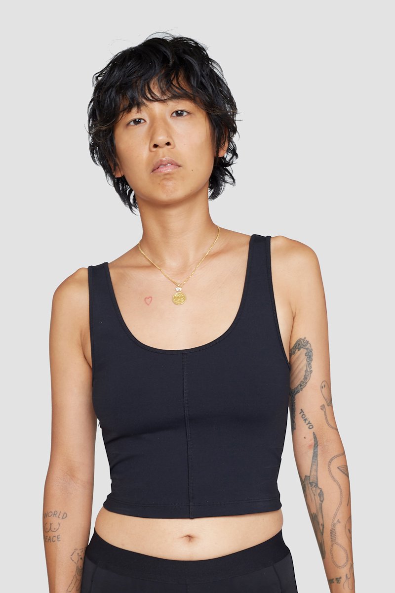 The Everyday Crop Tank-black #1 The Everyday Crop Tank, Black Everyday cropped tank top from 3.1 PHILLIP LIM featuring seam detailing, logo patch to the rear, scoop neck, sleeveless and cropped.- 3