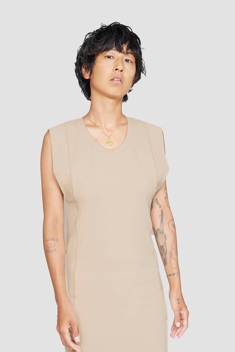 The Everyday Scoop Tank Dress-neutrals #1 The Everyday Scoop Tank Dress, Nude beige Everyday scoop-neck tank dress from 3.1 PHILLIP LIM featuring seam detailing, logo patch to the rear, scoop neck, sleeveless and mid-length.- 3