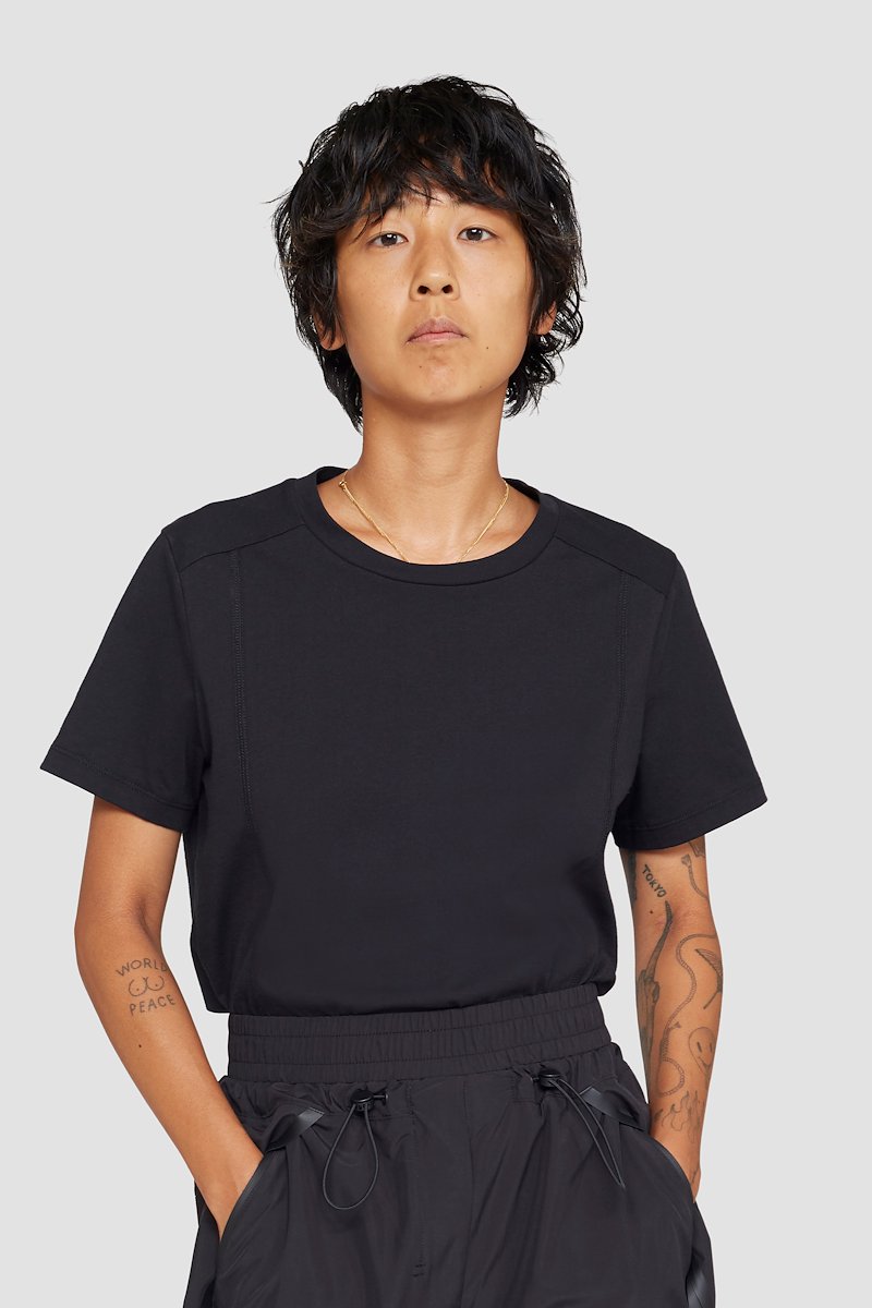 The Track-Less Pant-black #1 The Track-Less Pant, Black Track-less cropped track pants from 3.1 PHILLIP LIM featuring mid-rise, elasticated drawstring waistband, two side slit pockets and elasticated cuffs.- 3