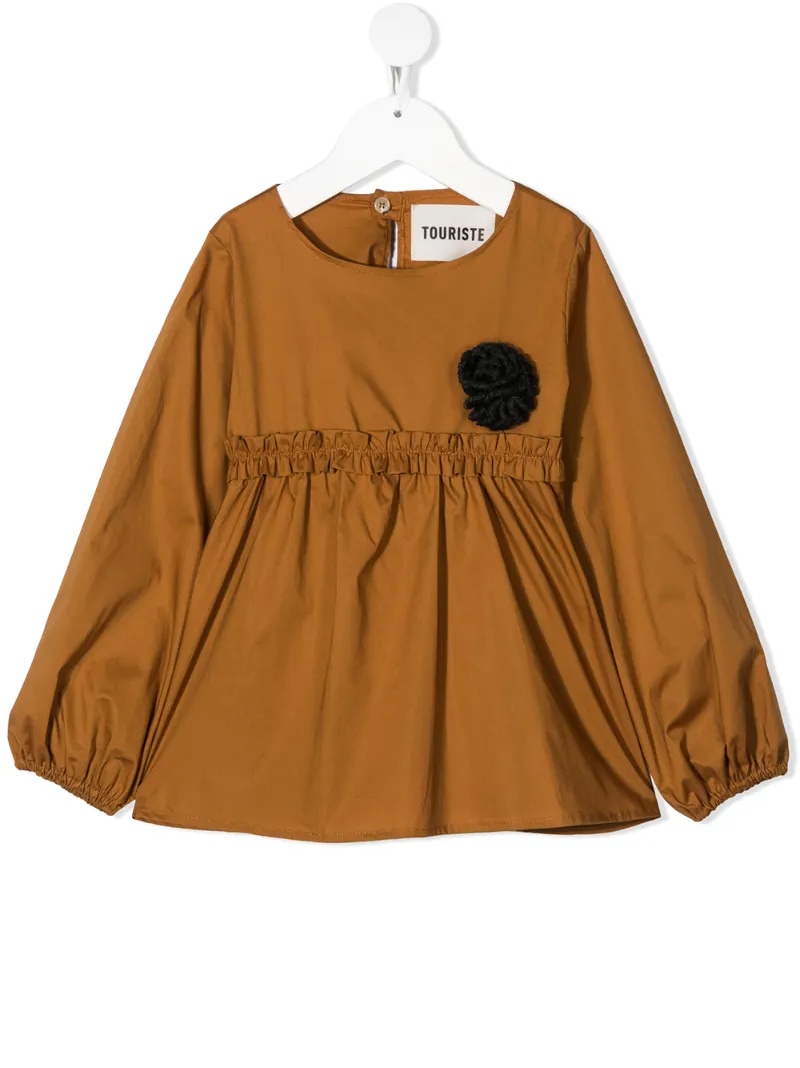 Click to view more detailed imagery on our partner's website Touriste Flared Ruffle Trim Blouse In Brown