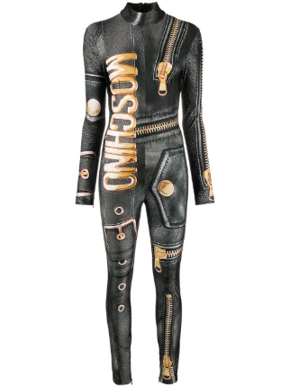Shop black Moschino zip print jumpsuit 