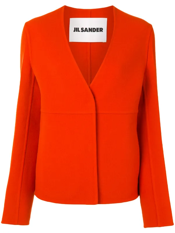 red collarless coat