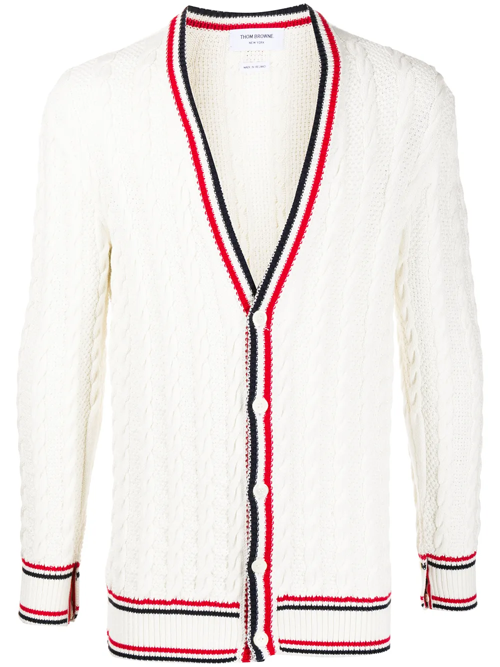 Thom Browne Heritage Cable Knit RWB Stripe Cardigan - Farfetch