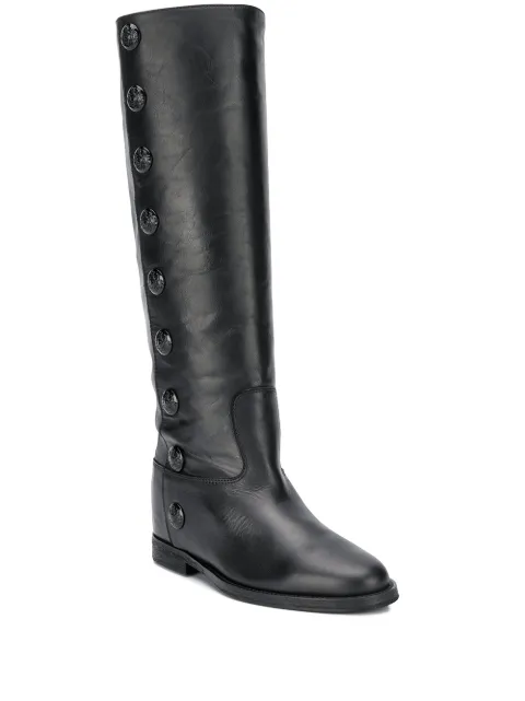 Via Roma 15 Black Leather Boot With Side Buttons In Black