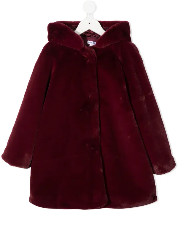 red faux fur coat with hood