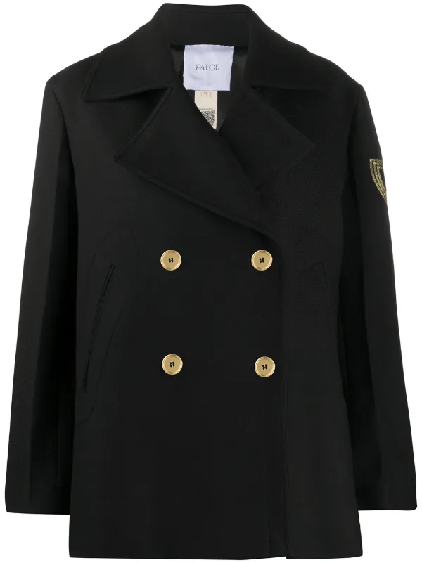 Patou Logo-embroidered Wool Peacoat in Black