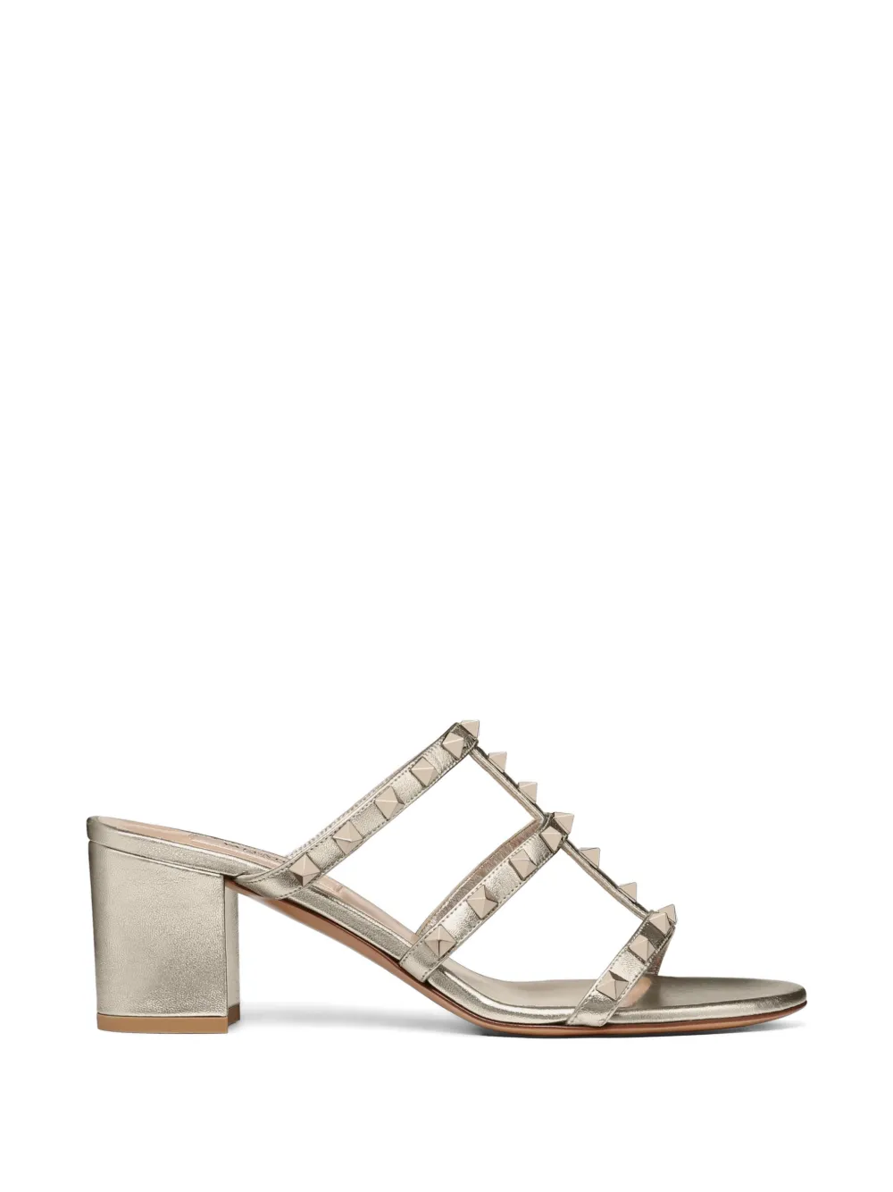 Valentino Garavani Rockstud Metallic Calfskin Leather Slide Sandals 60 Mm in Gold, view 3