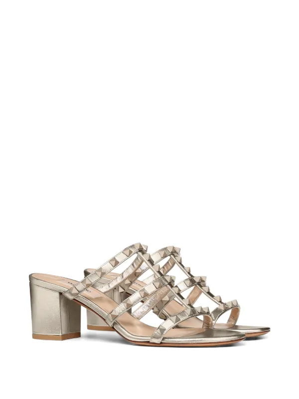 Valentino Garavani Rockstud Metallic Calfskin Leather Slide Sandals 60 Mm in Gold