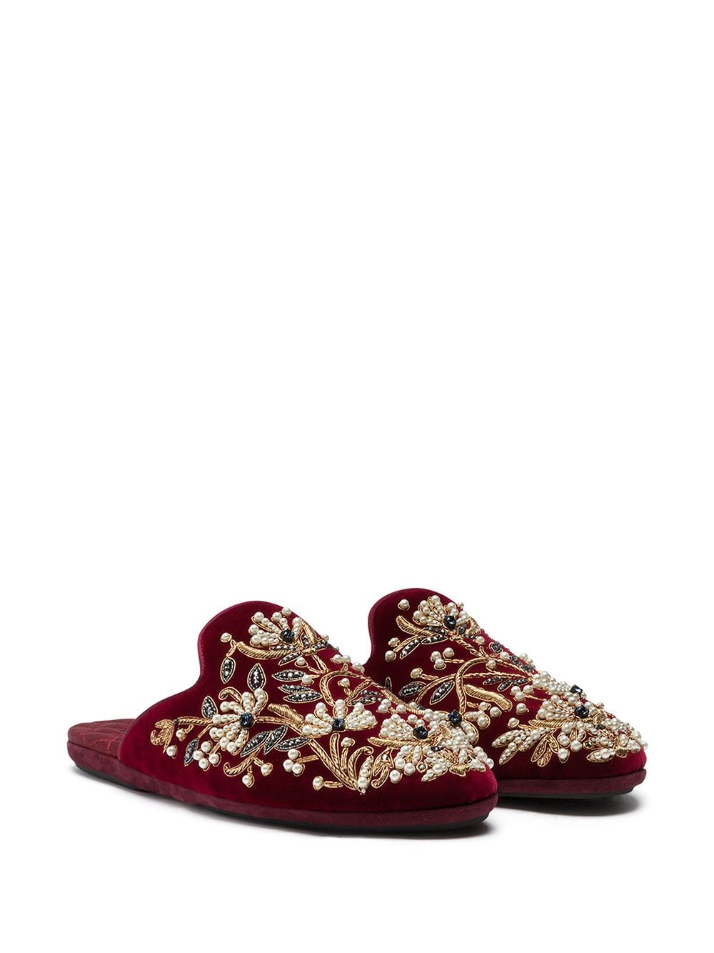 Shop Dolce & Gabbana Floral-embroidered Velvet Slippers In Red