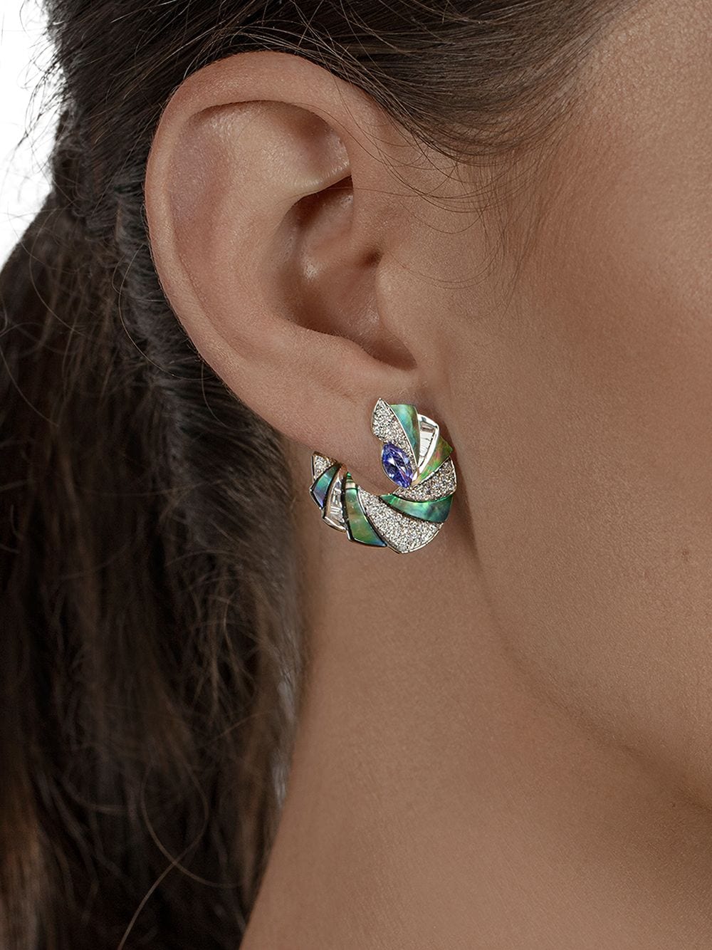 Shop Ananya 18kt White Gold Miniature Demi Mogra C-clip Abalone Blue, Tanzanite, Diamond And Mother-of-pearl Ear