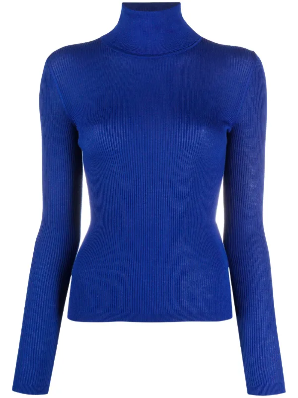 blue polo neck jumper