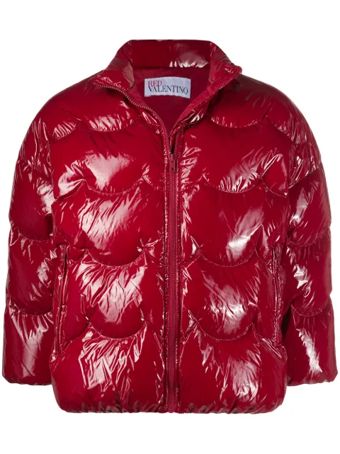red patent puffer jacket