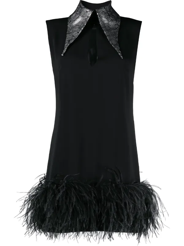 feather trim black dress