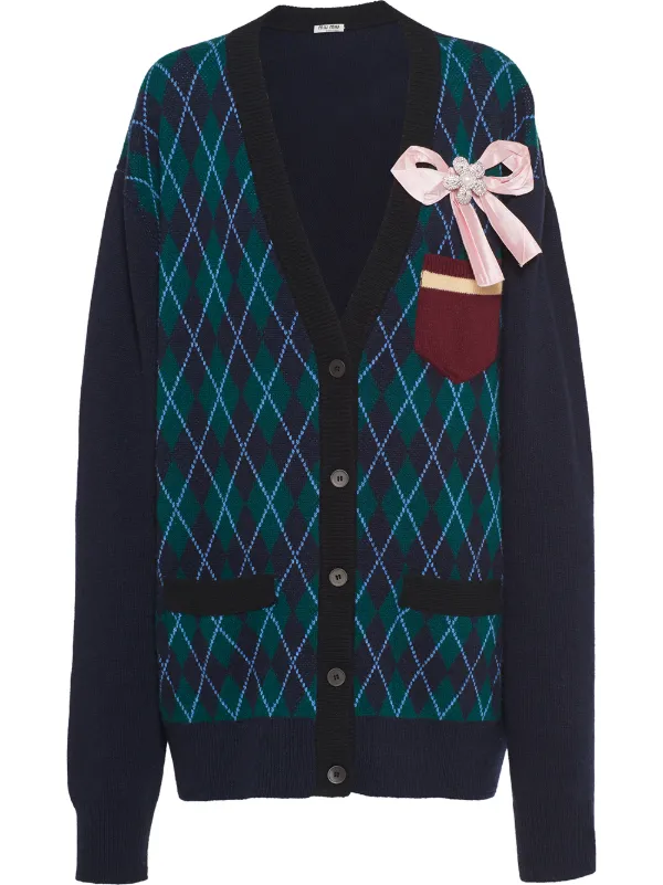 blue argyle cardigan