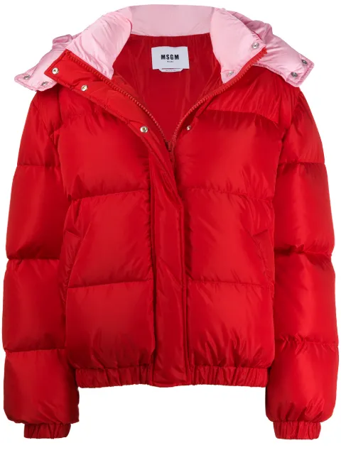 red cropped puffer jacket with hood